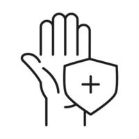 Hand with cross inside shield bicolor line style icon vector design