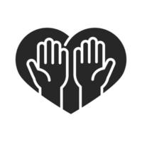 donación, caridad, voluntario, ayuda, social, manos, en, corazón, silueta, estilo, icono vector