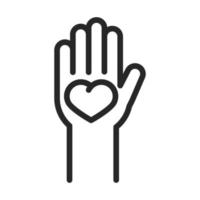 donación caridad voluntario ayuda social mano con corazón en la palma icono de estilo de línea vector