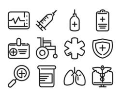 medical and health care equipment assistance icon set line style vector