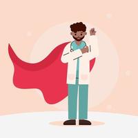 doctor hero médico afroamericano con dibujos animados de capa roja vector