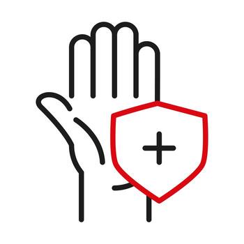 Hand with cross inside shield line bicolor style icon vector design