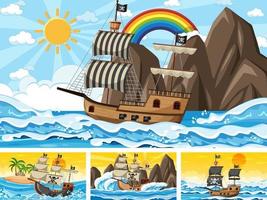 Set of Ocean with Pirate ship at different times scenes  in cartoon style vector