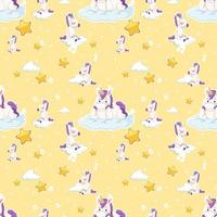 Unicorn seamless pattern with many clouds on yellow background vector