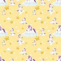 Unicorn seamless pattern with many clouds on yellow background vector