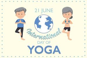 International Day of Yoga banner with old couple doing yoga pose vector