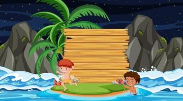 Niños de vacaciones en la escena nocturna de la playa con una plantilla de banner de madera vacía vector