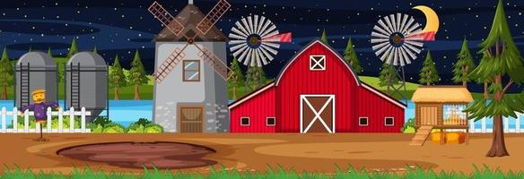 Farmland horizontal scene with barn and windmill at night time vector