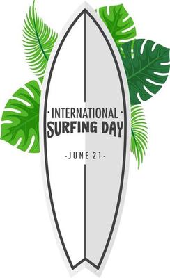 International Surfing Day font on surfboard banner with tropical leaves isolated