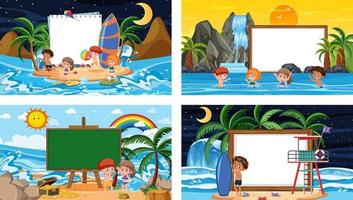 Set of different tropical beach scenes with blank banner vector