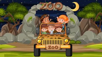Safari en la escena nocturna con muchos niños en un coche jeep. vector