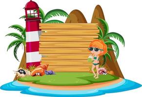 Empty wooden board on the island with lighthouse isolated vector