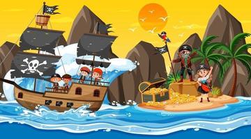 escena de la isla del tesoro al atardecer con niños piratas vector