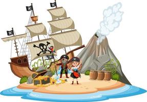 Pirate ship on island with many kids isolated on white background vector