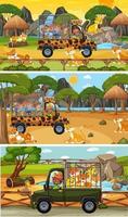 Conjunto de diferentes escenas horizontales de safari con personajes de dibujos animados de animales y niños vector