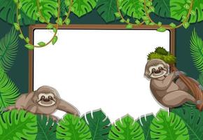 Empty tropical leaves frame banner with sloth cartoon character vector