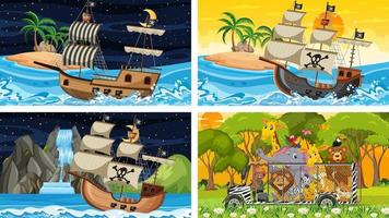 Conjunto de diferentes escenas con animales en el zoológico y barco pirata en el mar. vector