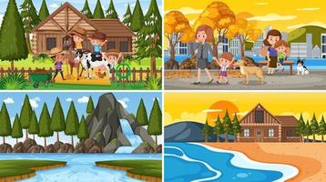Set of different nature scenes cartoon style vector