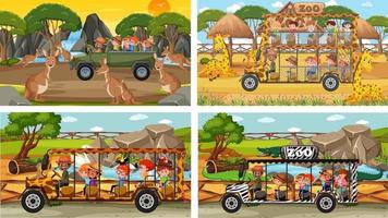 Conjunto de diferentes animales en escenas de safari con niños. vector