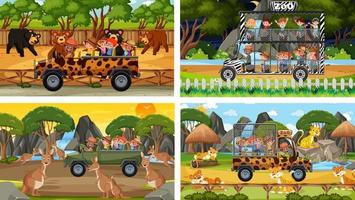 Conjunto de diferentes animales en escenas de safari con niños. vector