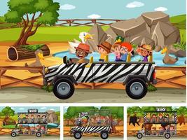 Different safari scenes with animals and kids cartoon character vector