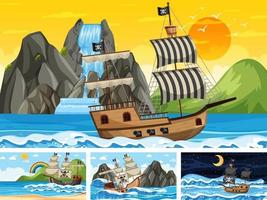 Set of Ocean with Pirate ship at different times scenes  in cartoon style vector