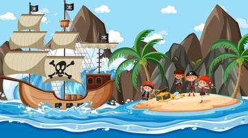 escena de la isla del tesoro durante el día con niños piratas vector