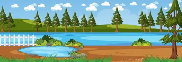 Forest along the river horizontal scene at day time with many trees vector