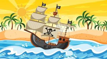 Escena de playa al atardecer con barco pirata en estilo de dibujos animados vector