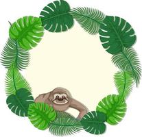 Round green monstera leaves banner template with a sloth cartoon character vector