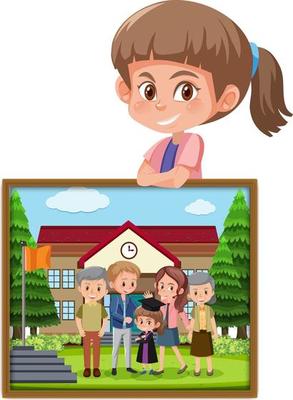 Cartoon character of a girl holding her graduation photo