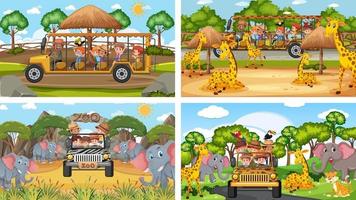 Four different zoo scenes with kids and animals vector