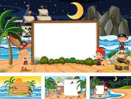 conjunto de pancartas en blanco en diferentes escenas de playas tropicales vector