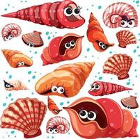 Cartoon Sea Life Seamless Pattern with many different seashells character vector