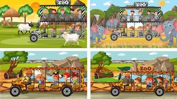 Set of different animals in safari scenes with kids vector