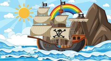 Ocean with Pirate ship at day time scene in cartoon style vector