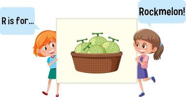 Cartoon character of two kids spelling fruit vocabulary vector