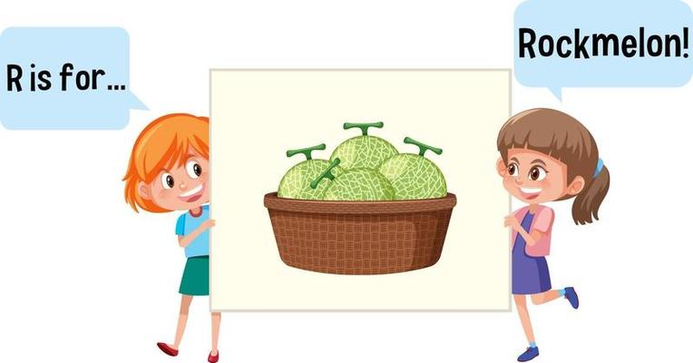 Cartoon character of two kids spelling fruit vocabulary