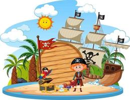 Isla pirata con un banner vacío aislado sobre fondo blanco. vector