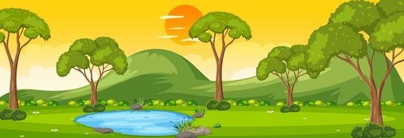 Forest horizontal scene at sunset time with many trees vector