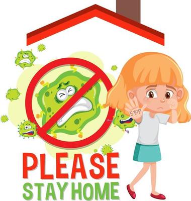 Please Stay Home banner with children and no virus sign