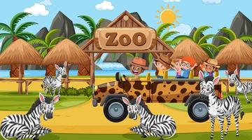 Safari at daytime scene with children watching zebra group vector