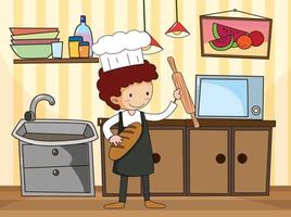 Baker man in the kitchen scene with equipments vector