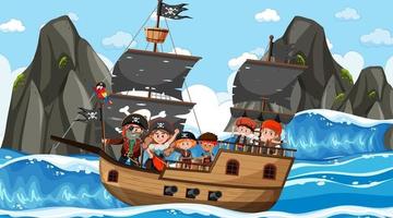 Escena del océano durante el día con niños piratas en el barco. vector