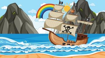 Ocean with Pirate ship at day time scene in cartoon style vector