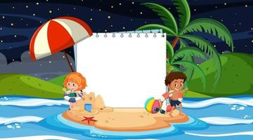 Niños de vacaciones en la escena nocturna de la playa con una plantilla de banner vacía vector