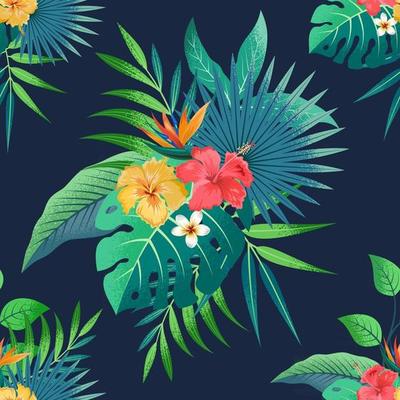 Seamless pattern with beautiful tropical flowers and leaves exotic background