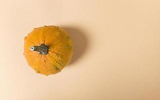 Pumpkin on a beige background. Simple flat lay with copy space. photo
