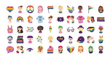 bundle of gay pride icons and people hand draw style vector