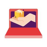 laptop with hand lifting box delivery detailed style vector